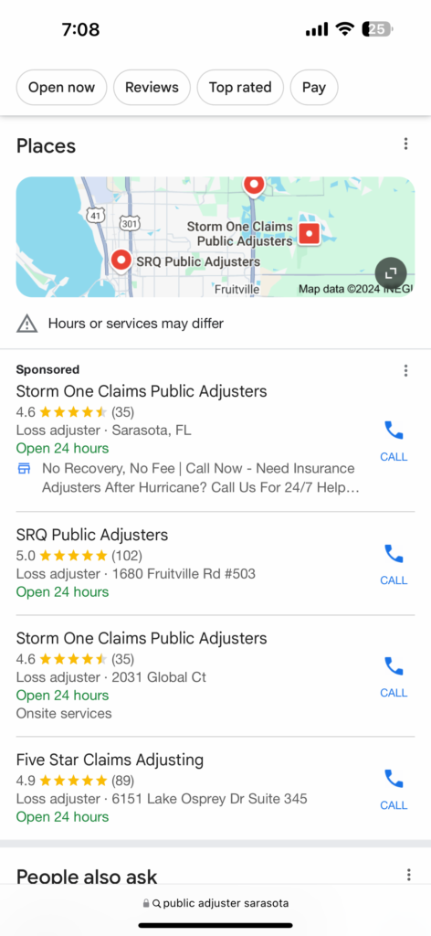 Storm One Claims ranking #1 on Google search for public adjusters.