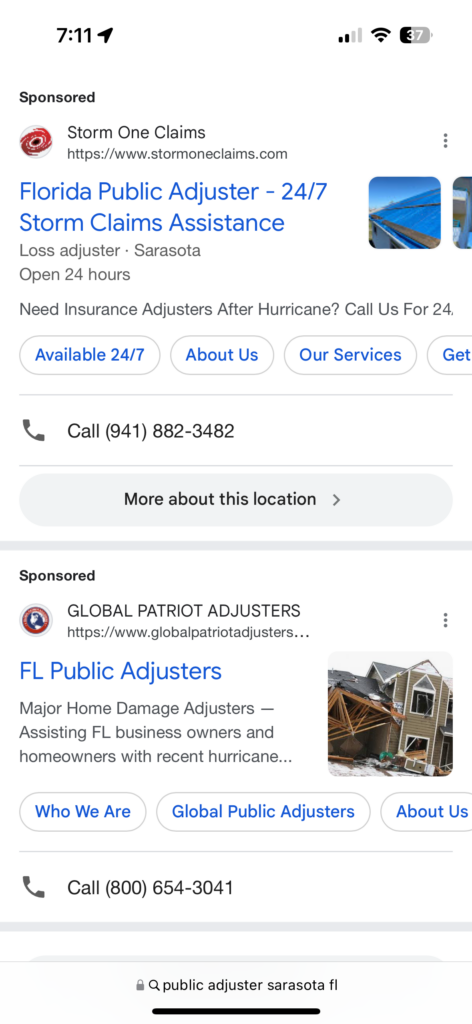 Storm One Claims #1 in Google search for insurance claim services in Florida.