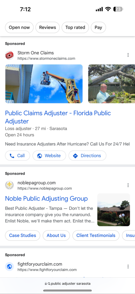 Google search result showing Storm One Claims as #1 for public adjusters.