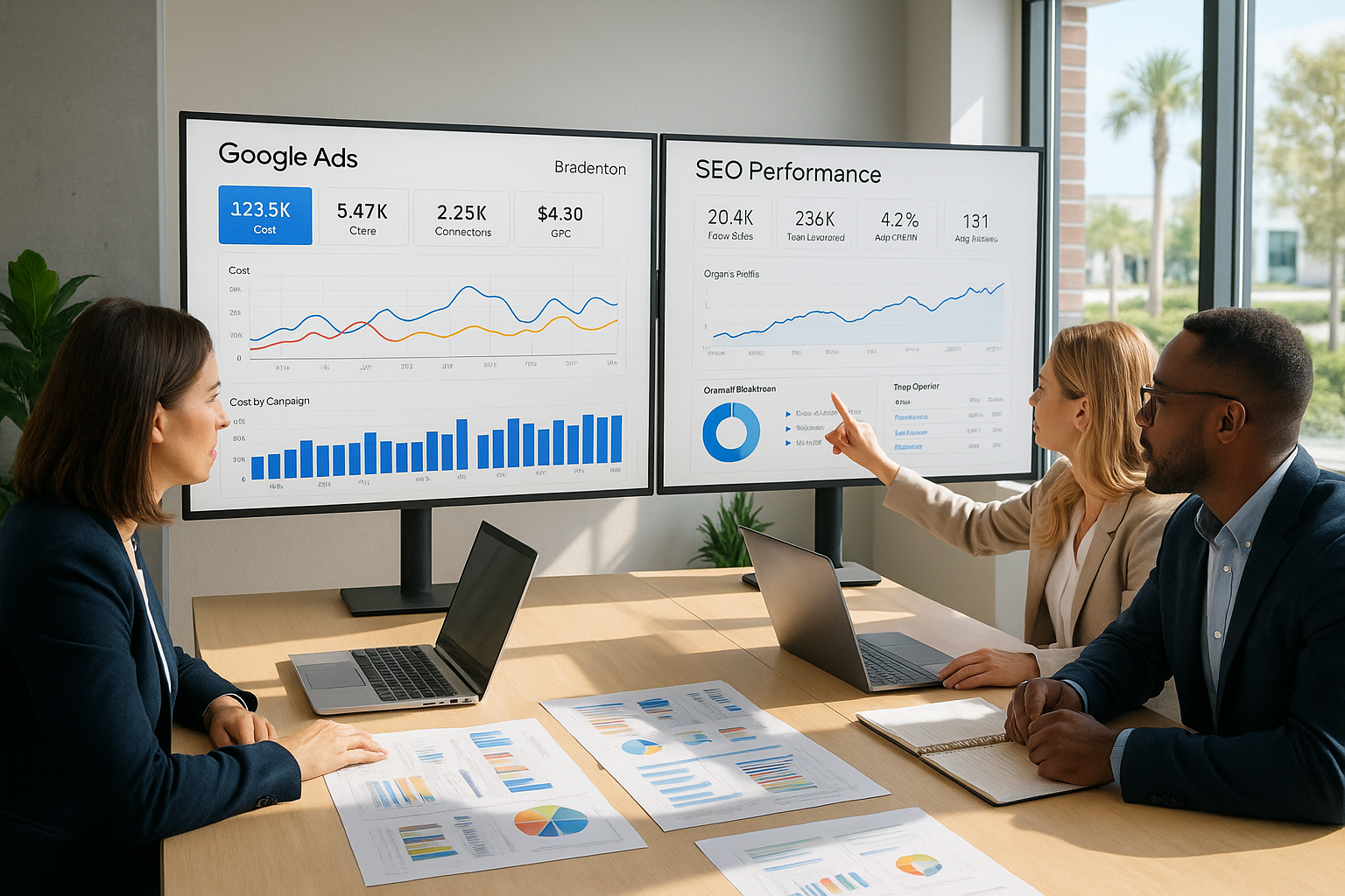 Marketing professionals reviewing digital analytics dashboards in Bradenton office